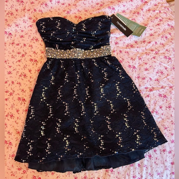 My Michelle Navy Blue Dress NWT My Michelle Navy Blue Gown With Faux Waist  Rhinestones Party